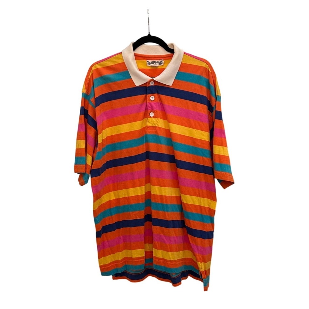 Hawaiian Tropic Mens Vintage 90s Striped Polo Shirt XL Orange Pink Blue Cotton